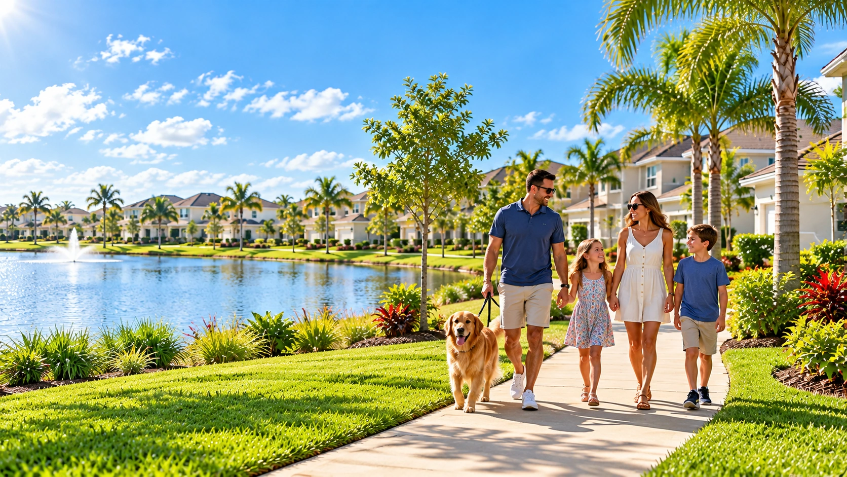 A family walking their dog along a lakeside path in a Florida neighborhood